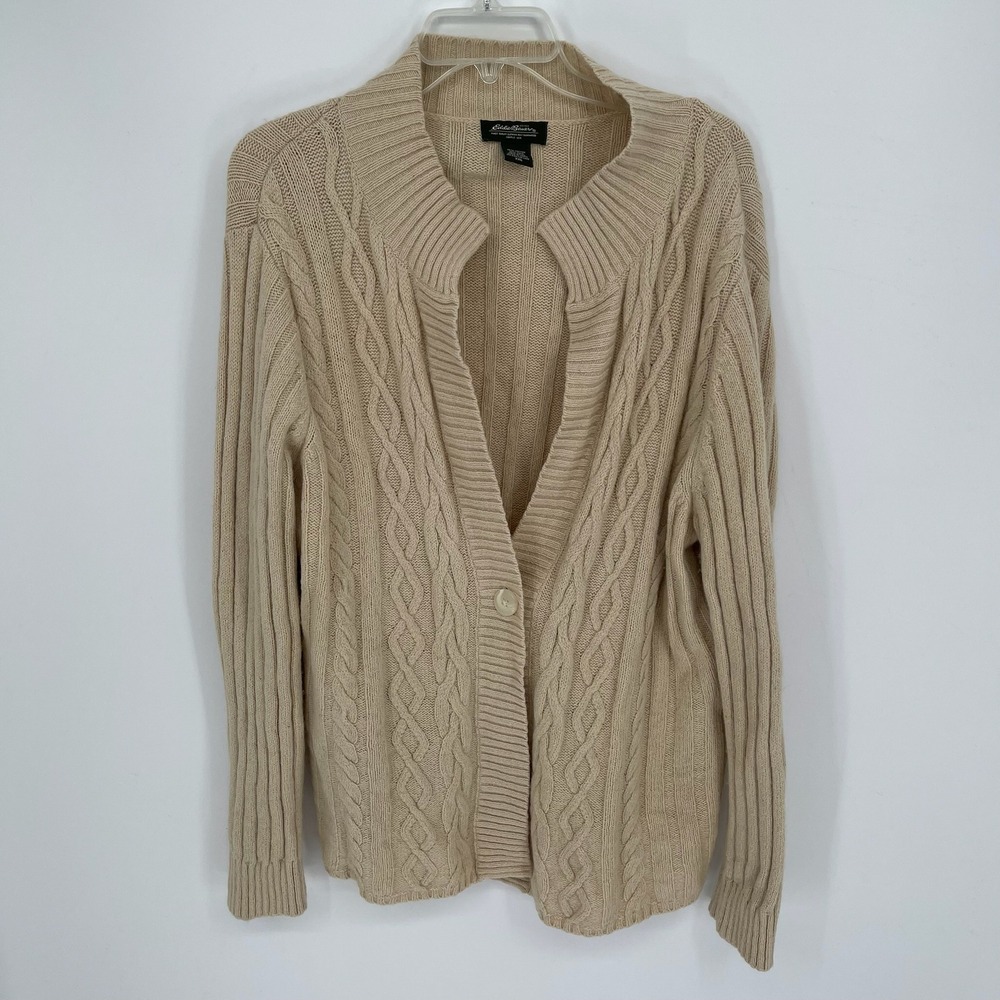 Eddie Bauer Women's Tan Cable Knit Wool Blend Button Cardigan Size XXL